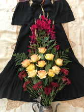 Load image into Gallery viewer, Amazing 1970's vintage black crepe and embroidered ribbon dress by Roberta