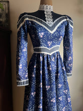 Load image into Gallery viewer, Tiny Authentic 1970’s Vintage Navy Calico Gunne Sax Midi Dress