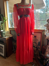 Load image into Gallery viewer, 1970’s Vintage Strawberry Voile and Bird Print Batik Young Edwardian Maxi Dress