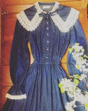 Load image into Gallery viewer, 1970’s vintage denim and crochet dress by Act 1