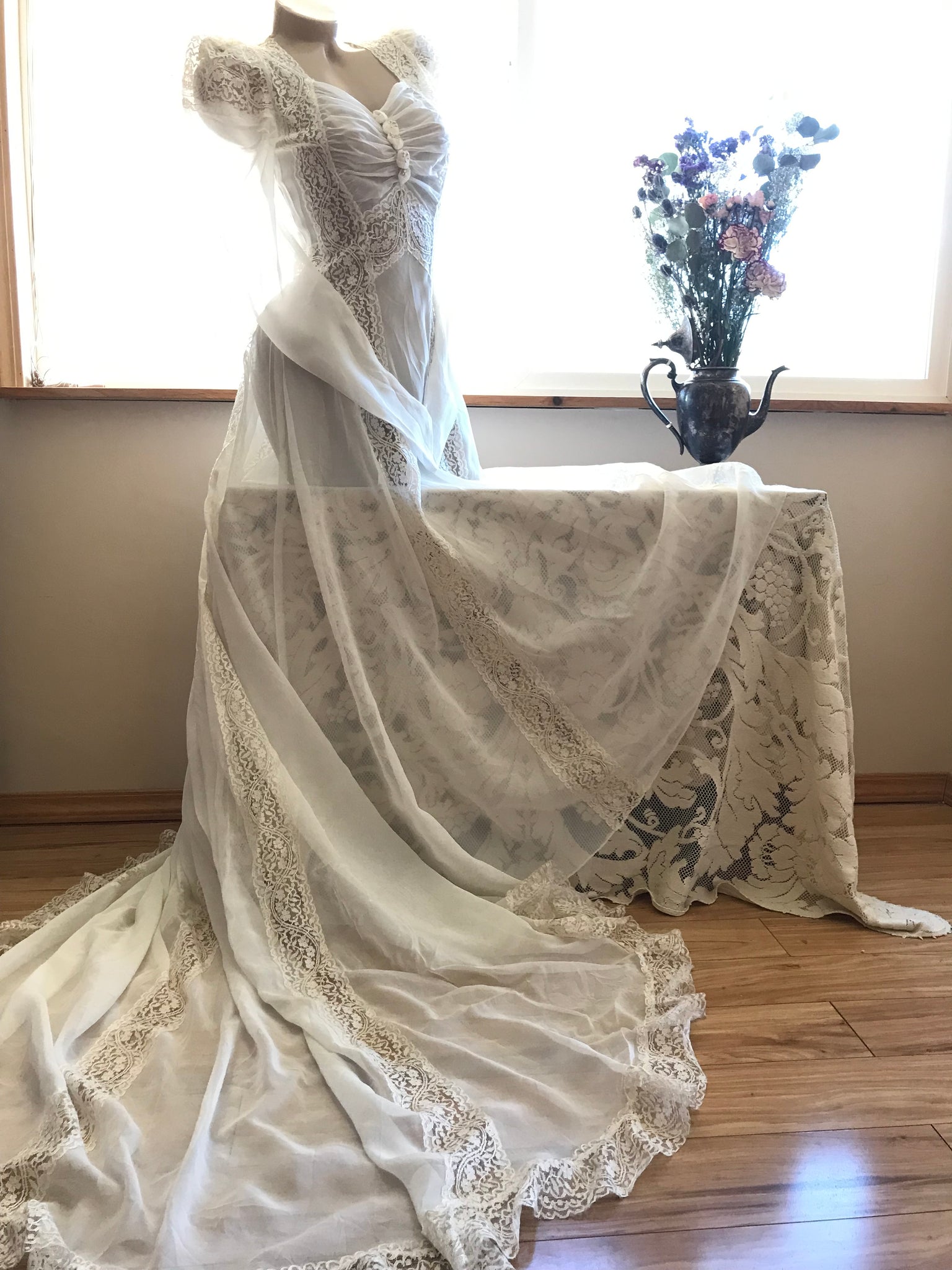 vintage sheer wedding dress Vintage Sheer Back Half Sleeve Lace Wedding Dress with V-neck Champagne / 12