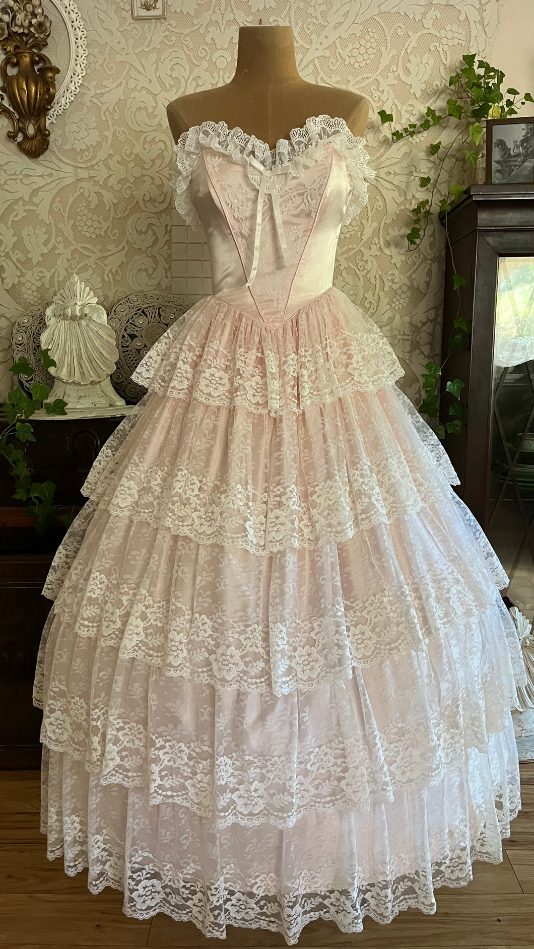 Sweetheart 1980’s Vintage Pink Satin and Ruffled White Lace Gown