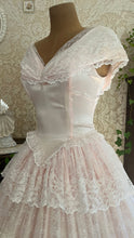 Load image into Gallery viewer, Perfect Fairytale 1980’s Vintage Pink Satin and Ivory Lace Off Shoulder Gown
