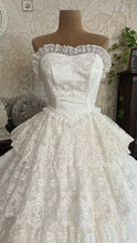 Load image into Gallery viewer, Incredible 1980’s Vintage White Satin and Tiered Lace Strapless Dream Dress
