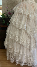 Load image into Gallery viewer, Dream 1980’s Deadstock Vintage Pink Lace and Sequin Strapless Gown with armlets
