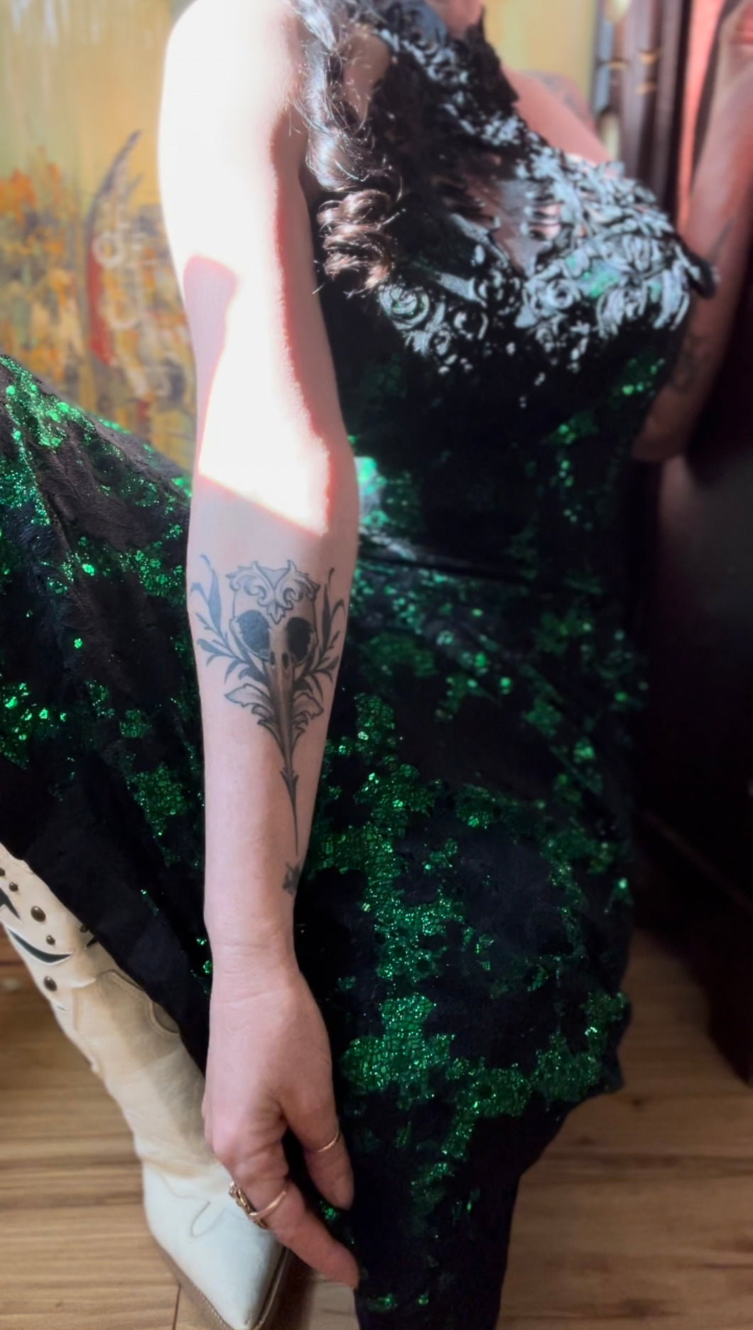Stunner 1980’s Vintage Emerald Green Sequin and Black Soutache Lace Wiggle Dress by Loralie