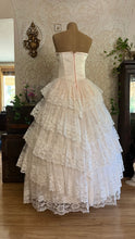 Load image into Gallery viewer, Dream 1980’s Deadstock Vintage Pink Lace and Sequin Strapless Gown with armlets

