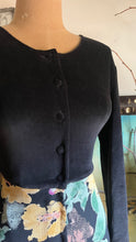 Load image into Gallery viewer, Cozy 1980’s Vintage Black Velveteen and Floral Print Chiffon Dress by Adini

