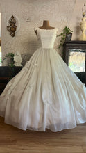 Load image into Gallery viewer, Breathtaking 1950’s Vintage Dove White Chiffon and Antique Rose Lace Bridal Gown Wedding Dress

