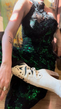 Load image into Gallery viewer, Stunner 1980’s Vintage Emerald Green Sequin and Black Soutache Lace Wiggle Dress by Loralie
