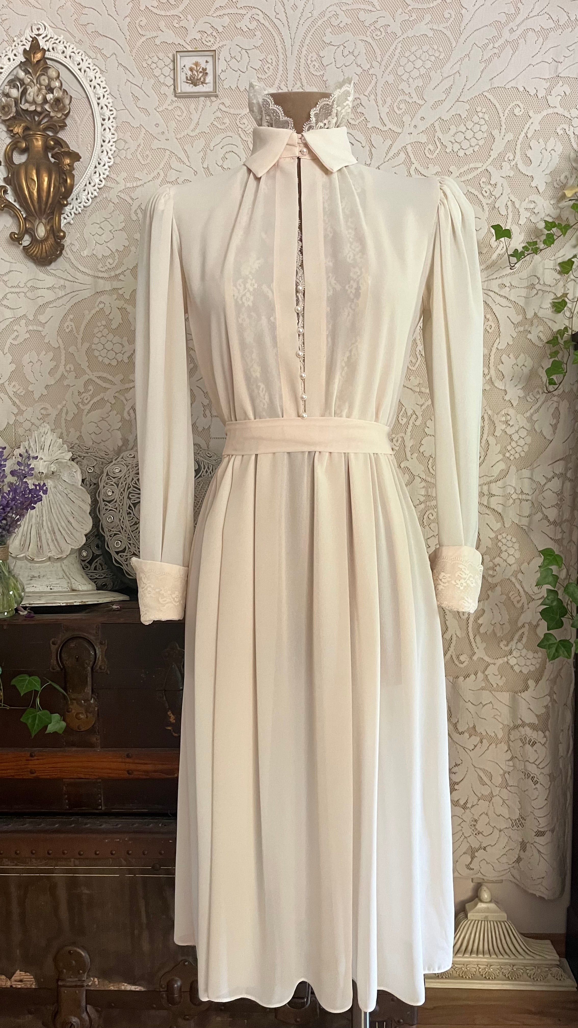 1970's Vintage Ivory Chiffon and Lace Secretary Dress by R.E.O. Origin –  Strange Vintage