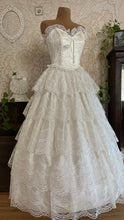 Load image into Gallery viewer, Stunning 1980’s Vintage White Satin and Tiered Lace Dream Dress
