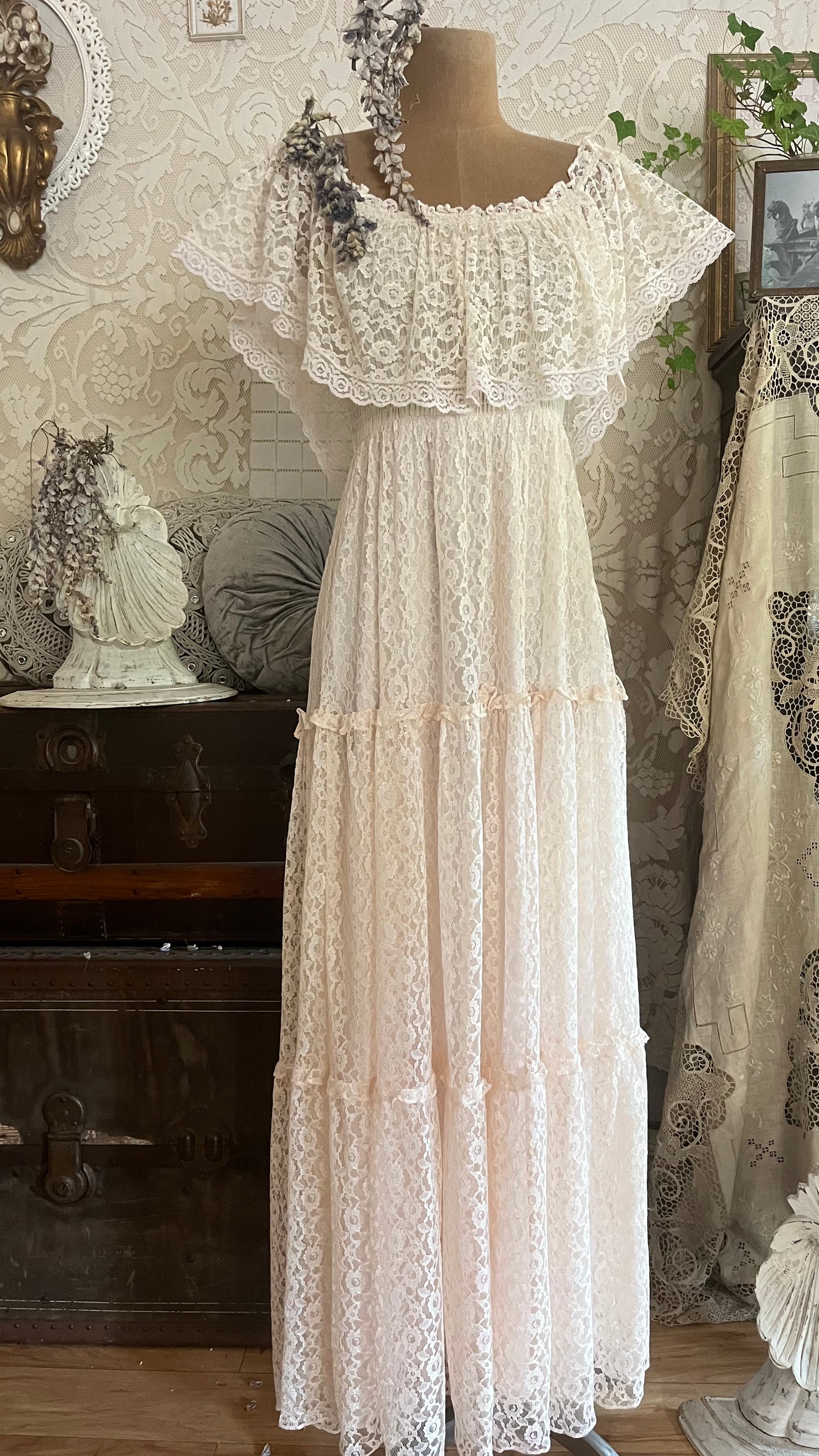 1980's Vintage Butter Cream Lace Off Shoulder Candi Jones Dress