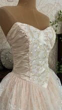 Load image into Gallery viewer, Dream 1980’s Deadstock Vintage Pink Lace and Sequin Strapless Gown with armlets
