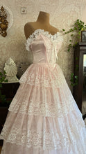 Load image into Gallery viewer, Sweetheart 1980’s Vintage Pink Satin and Ruffled White Lace Gown
