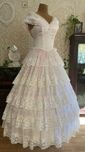Load image into Gallery viewer, Perfect Fairytale 1980’s Vintage Pink Satin and Ivory Lace Off Shoulder Gown
