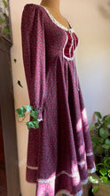 Load image into Gallery viewer, Darling 1970’s Vintage Dark Plum Calico and Velveteen Gunne Sax Midi Dress
