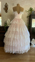 Load image into Gallery viewer, Sweetheart 1980’s Vintage Pink Satin and Ruffled White Lace Gown
