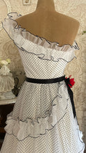 Load image into Gallery viewer, Outrageous 1970’s Vintage Black and White Swiss Dot Chiffon One Shoulder Illustrated Dress
