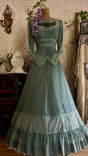 Load image into Gallery viewer, 1970’s vintage dyed moss sage green voile and lace maxi Gunne Sax dress
