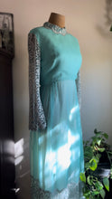 Load image into Gallery viewer, 1960’s Vintage Aqua Blue Chiffon and Lace Dress by Miss Elliette of California
