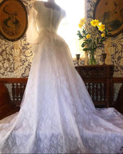 Load image into Gallery viewer, Beautiful 1970’s Vintage Lace and Pleated Chiffon Bridal Wedding Dress

