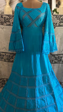 Load image into Gallery viewer, Beautiful 1970's vintage Bright Turquoise Blue Cotton and lace Mexican dress
