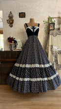 Load image into Gallery viewer, Incredible 1970’s Vintage Navy Blue Calico and velveteen Gunne Sax Maxi Sundress
