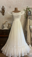 Load image into Gallery viewer, Amazing 1970’s Vintage Ivory Crepe Voile and Lace Gunne Sax Flounced Sundress
