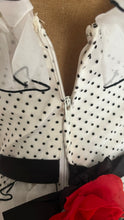 Load image into Gallery viewer, Outrageous 1970’s Vintage Black and White Swiss Dot Chiffon One Shoulder Illustrated Dress
