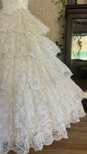 Load image into Gallery viewer, Incredible 1980’s Vintage White Satin and Tiered Lace Strapless Dream Dress
