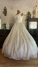 Load image into Gallery viewer, Breathtaking 1950’s Vintage Dove White Chiffon and Antique Rose Lace Bridal Gown Wedding Dress
