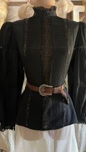 Load image into Gallery viewer, 1980's Vintage Coal Black Silk and Lace blouse by Royal Silk
