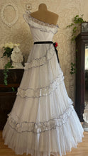 Load image into Gallery viewer, Outrageous 1970’s Vintage Black and White Swiss Dot Chiffon One Shoulder Illustrated Dress
