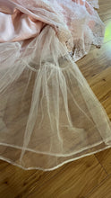Load image into Gallery viewer, Sweetheart 1980’s Vintage Pink Satin and Ruffled White Lace Gown
