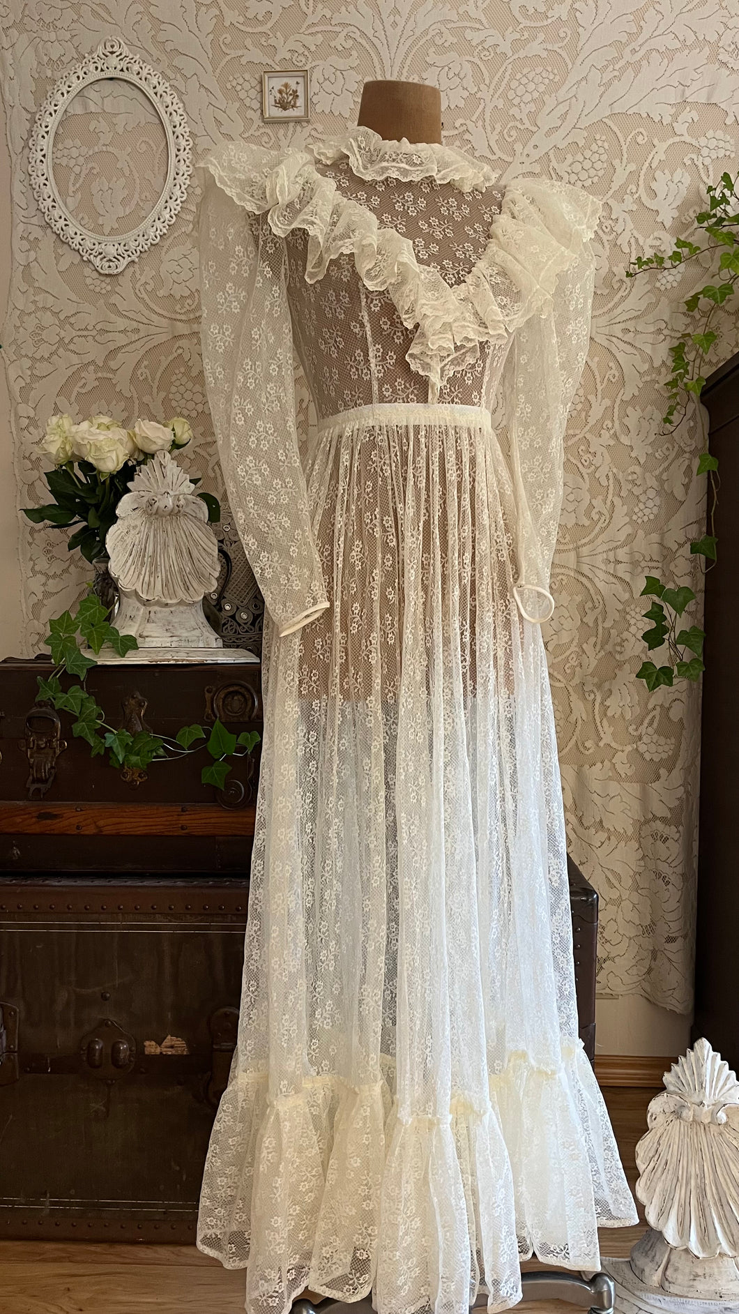 Ethereal Homemade 1970’s Vintage Sheer Ivory Lace Gunne Dress