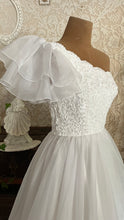 Load image into Gallery viewer, 1950’s Vintage One Shoulder Ruffled White Chiffon Gown by Mike Benet Formals
