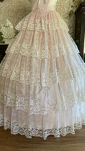 Load image into Gallery viewer, Sweetheart 1980’s Vintage Pink Satin and Ruffled White Lace Gown

