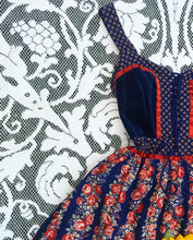 Load image into Gallery viewer, 1970’s Vintage Cabbage Rose Calico and velveteen Gunne Sax Maxi Sundress
