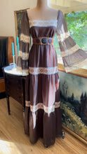 Load image into Gallery viewer, 1970’s Vintage Chocolate Brown and Cinnamon Angel Sleeve Dress by Roberta
