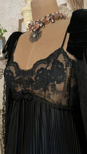 Load image into Gallery viewer, Exquisite 1970’s Vintage Designer Black Pleated Nightgown and Robe Peignoir Set by Lucie Ann
