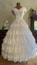 Load image into Gallery viewer, Perfect Fairytale 1980’s Vintage Pink Satin and Ivory Lace Off Shoulder Gown
