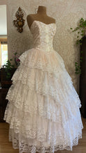 Load image into Gallery viewer, Dream 1980’s Deadstock Vintage Pink Lace and Sequin Strapless Gown with armlets

