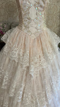 Load image into Gallery viewer, Dream 1980’s Deadstock Vintage Pink Lace and Sequin Strapless Gown with armlets
