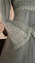 Load image into Gallery viewer, 1970’s vintage dyed moss sage green voile and lace maxi Gunne Sax dress
