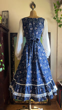 Load image into Gallery viewer, 1970’s Vintage Navy Blue Calico and Corduroy Gunne Sax Midi Dress
