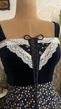 Load image into Gallery viewer, Incredible 1970’s Vintage Navy Blue Calico and velveteen Gunne Sax Maxi Sundress
