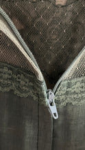 Load image into Gallery viewer, 1970’s vintage dyed moss sage green voile and lace maxi Gunne Sax dress
