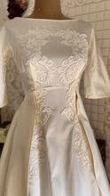 Load image into Gallery viewer, 1950’s 1960’s Vintage Ivory Satin and Lace Appliqué Wedding Dress with Train
