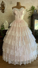 Load image into Gallery viewer, Sweetheart 1980’s Vintage Pink Satin and Ruffled White Lace Gown
